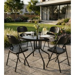 Alberg Modern baštenski set – 4 sklopive stolice + sto Lunaris sa crnim staklom Ø60 cm