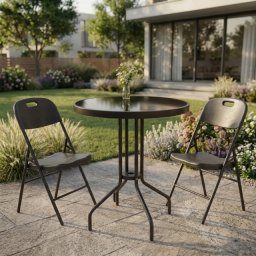 Alberg Modern Trio baštenski set – 2 sklopive stolice + sto Lunaris sa crnim staklom Ø60 cm