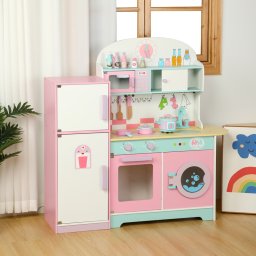 Dečija drvena kuhinja sa frižiderom i veš-mašinom – roze MSN18023