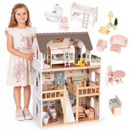 Drvena trospratna kućica za lutke Laura, sa 15 komada nameštaja – ECOTOYS