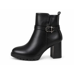 LH352624BLK-PU - ŽENSKE ČIZME SA DEBELOM ŠTIKLOM I ELEGANTNOM ZLATNOM KOPČOM