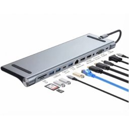 E-green Multiport USB 3.1 tip C (M) - 2 x HDMI + VGA + 3 x USB 3.0 + 1 x tip C-(PD 100W) + USB 2.0 + 3.5mm + SD/TF + RJ45 (F)1000 Mbps (12