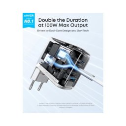 Anker 100W GaN zidni brzi punjač, 3-porta (2x USB-C i 1x USB-A) sa USB-C M/M pletenim kablom, srebrni