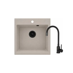 Bež granitna sudopera Valterra NIKO 490 I 49×49 cm + crna FLEXY slavina + crni sifon+ Besplatna Postarina