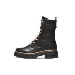 LH052533BLK - Ženske crne čizme ravne sa leopard pertlama