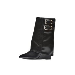 LH562558BLK-PU - Ženske crne čizme Shark Lock stila sa dvostrukim kaišićima