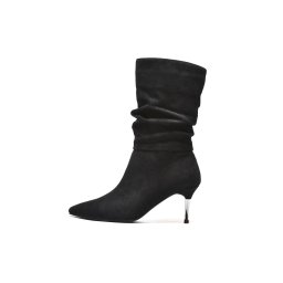 LH562563BLK - Elegantne velur crne čizme sa naborima i tankom metalnom potpeticom