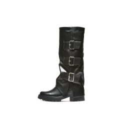 LX352582BLK-PU - Ženske crne duboke čizme sa kaiševima