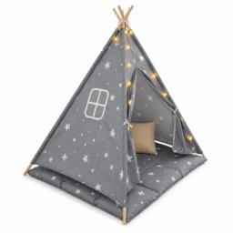 Kinder home Dečiji pamučni šator little stars, sivi sa zvezdama, 100% pamuk, sa mekom podlogom za punjenjem, jastukom i led svetlima ( JW