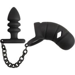 Black Velvets Cock Cage With Butt Plug Black
