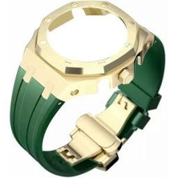 Tiera Casio GA-2100 custom mod kit grönt silikonklockarmband + guldfärgat bezel