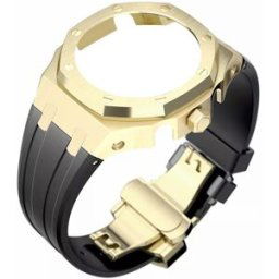 Tiera Casio GA-2100 custom mod kit svart silikonklockarmband + guldfärgat bezel