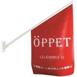 Flagga ''Ãppet'' rÃ¶d med vit text
