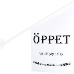 Flagga ''Ãppet'' vit med svart text
