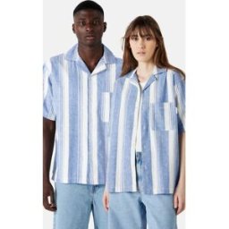 Yôke Randig kortärmad linneskjorta Unisex L Blå