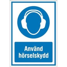 Påbudsskylt med text Använd hörselskydd, folie, HxB 185x131 mm