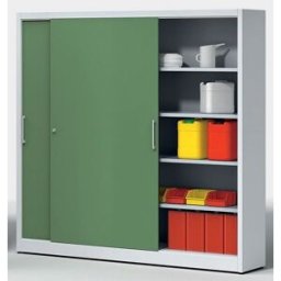Plåtskåp med skjutdörr, mellanvägg 2x4 hyllplan, BxDxH 2000x420x1950 m