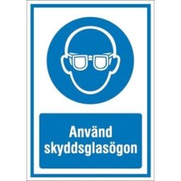 Påbudsskylt med text Använd skyddsglasögon, folie, HxB 185x131 mm