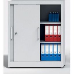 Plåtskåp med skjutdörr, med 2 hyllplan, BxDxH 1000x600x1200 mm, ljusbl