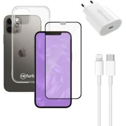 Snabbladdare (20W), kabel (lightning), skärmskydd för telefonen och genomskinligt mobilskal iPhone 12/12 Pro genomskinlig