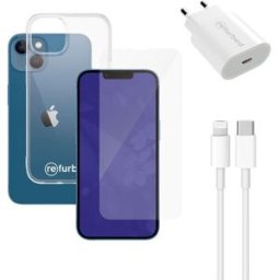 Snabbladdare (20W), kabel (lightning), skärmskydd för telefonen och genomskinligt mobilskal iPhone 13/14 genomskinlig