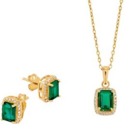 Lykken Casuals guldpläterad silver smycke set med grön zirconia