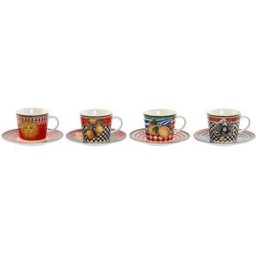 Set med koppar och fat Home ESPRIT Gul Röd Porslin 220 ml 15,6 x 15,6 x 1,7 cm (4 antal)