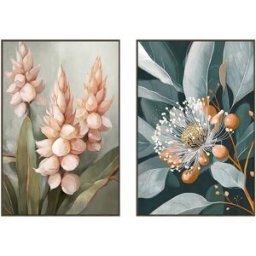 Kanvas Home ESPRIT Grön Orange Rosa Mörkgrå Blomster Shabby Chic (2 antal)