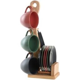 Set med 6 koppar och fat DKD Home Decor Grön Rosa Mörkgrå Stengods 150 ml 16 x 17 x 35 cm