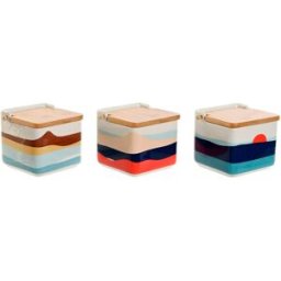 Saltkar med lock Home ESPRIT Blå Grön Rosa Lila Bambu Tropiskt 750 ml 14 x 12,5 x 12 cm (3 antal)