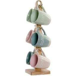 Mugg DKD Home Decor Multicolour Blå Rosa Gummiträ Grön Stengods 160 ml (3 antal) (7 pcs)