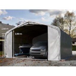 TOOLPORT Garagetält 7x7 m - 2,6 m sidohöjd med 5x2,9 m port, PVC 850, grå, inkl. hållfasthet (underlag: jord) - (99456)
