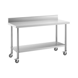 Bord i rostfritt stål med hjul - 60 x 150 cm - bakstycke - 160 kg lastkapacitet - Royal Catering