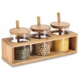 Uppsättning med 3 Burkar DKD Home Decor 31 x 11 x 10,5 cm Naturell Bambu Borosilikatglas