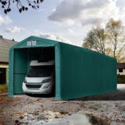 TOOLPORT Garagetält 4x24 m - 3,35 m sidohöjd med 3,5x3,5 m port, PRIMEtex 2300, mörkgrön, inkl. hållfasthet (underlag: jord) - (99414)