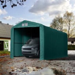 TOOLPORT Garagetält 4x8 m - 3,35 m sidohöjd med 3,5x3,5 m port, PRIMEtex 2300, mörkgrön, inkl. hållfasthet (underlag: jord) - (99412)