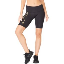 2XU Women's Light Speed Mid-Rise Compression Shorts Black/Gold Black/Gold Reflective XS