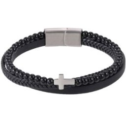 Lykken Strong svart läderarmband med kors 21 cm