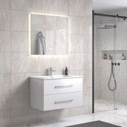 Lindadesign 80 Cm Grå Alm Baderomsmøbel M/hvit Servant Og Rektangulært Speil