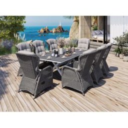 Skjærgården Xl Matgrupp 210 Cm Med 8 Reclinerstolar I Gråmix Och Bord I Vit Aluminium