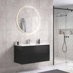 Noradesign 100 Cm Grå Matt Baderomsmøbel M/hvit Servant Og Rundt Speil
