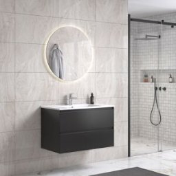 Noradesign 80 Cm Grå Matt Baderomsmøbel M/hvit Servant Og Rundt Speil