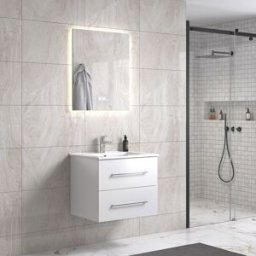 Lindadesign 60 Cm Hvit Matt Baderomsmøbel M/hvit Servant Og Rektangulært Speil