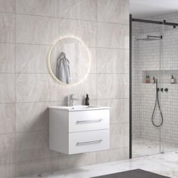 Lindadesign 60 Cm Grå Alm Baderomsmøbel M/hvit Servant Og Rundt Speil