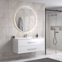 Lindadesign 120 Cm Sort Høyglans Baderomsmøbel Single M/hvit Servant Og Rundt Speil