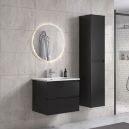 Noradesign 60 Cm Svart Matt Badrumsmöbel Med Rund Spegel Och 1 Badrumsskåp