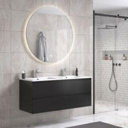Noradesign 120 Cm Sort Matt Baderomsmøbel Dobbel M/hvit Servant Og Rundt Speil