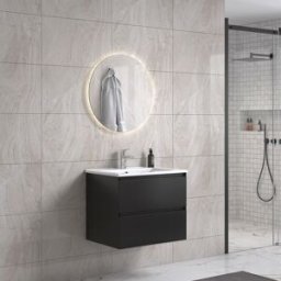 Noradesign 60 Cm Badrumsmöbel M/vit Handfat Och Rund Spegel