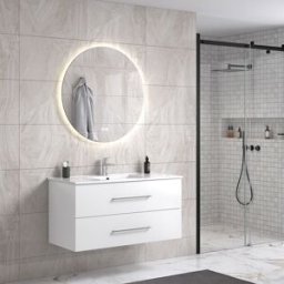 Lindadesign 100 Cm Grå Alm Badrumsmöbel M/vit Handfat Och Rund Spegel