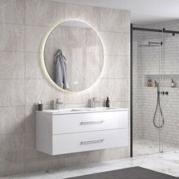Lindadesign 120 Cm Grå Alm Baderomsmøbel Dobbel M/hvit Servant Og Rundt Speil